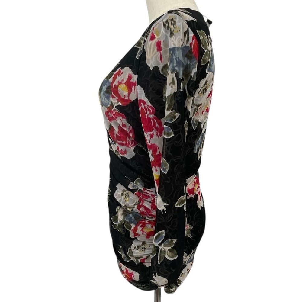 WHBM Black Floral Ruched V Neck 3/4 Sleeve Top Women's Fashion Blouse Reversible - Picture 4 of 11